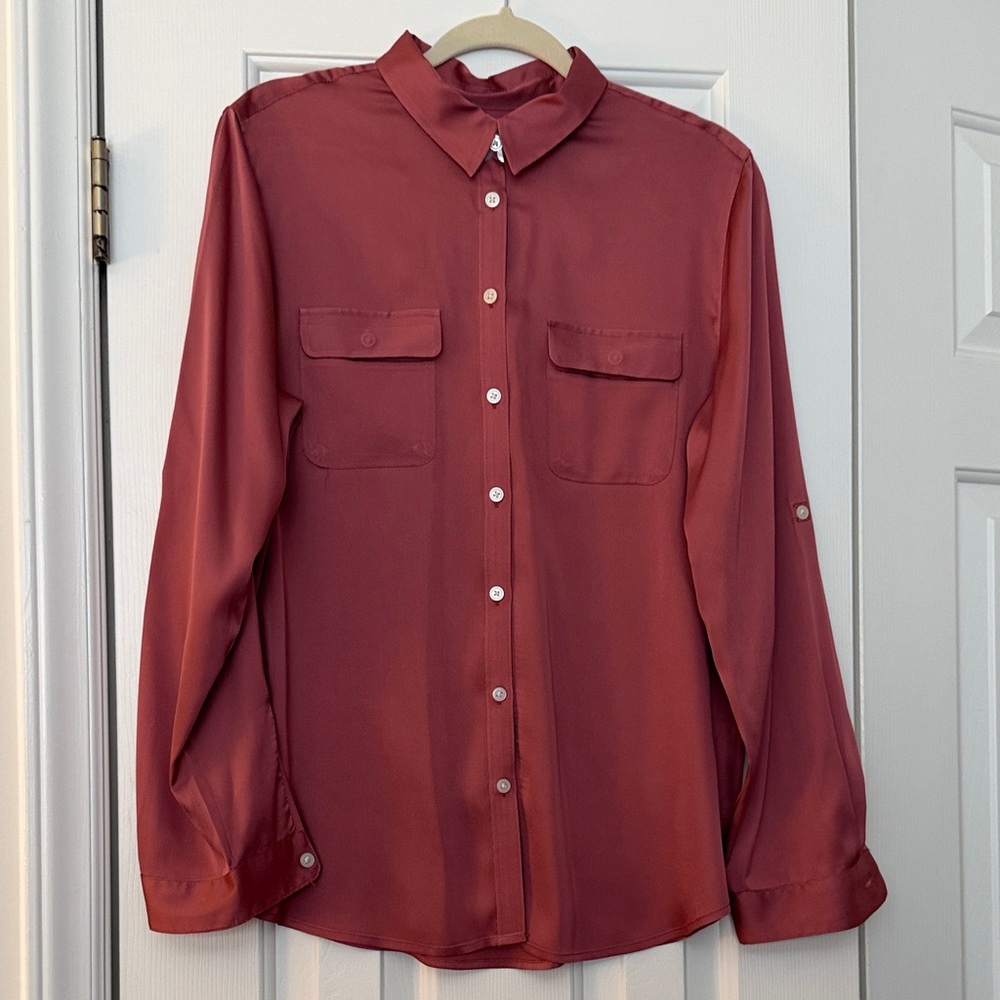 LOFT Women's Muted Rust Silk Button-Up Blouse